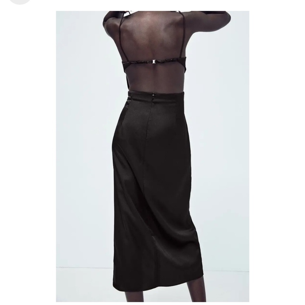 New Zara Black Satin Midi Dress With Cut Out Detail